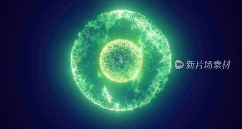 绿色能源魔法圈，球体，球由未来的波和线粒子原子能和电力力场。抽象的背景