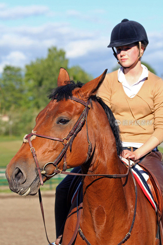 女孩骑着一匹棕色的跳马