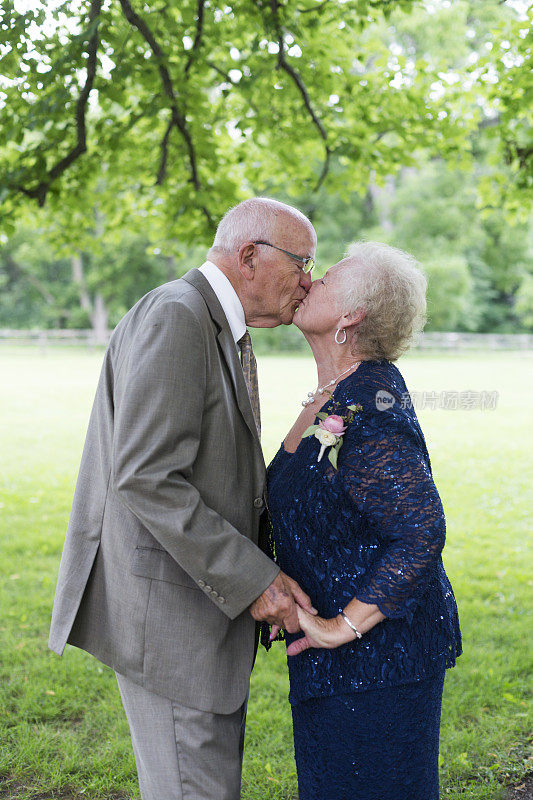 一对成熟的老情侣在树下接吻