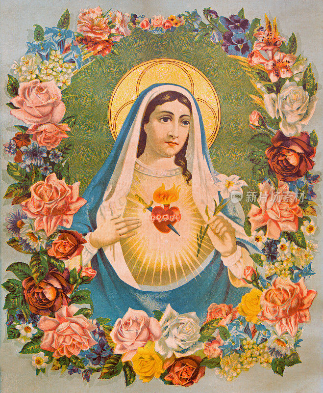 圣母玛利亚的心在花朵中。