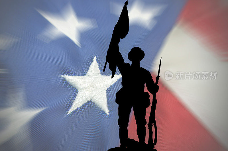 美国国旗，有士兵的剪影和国旗