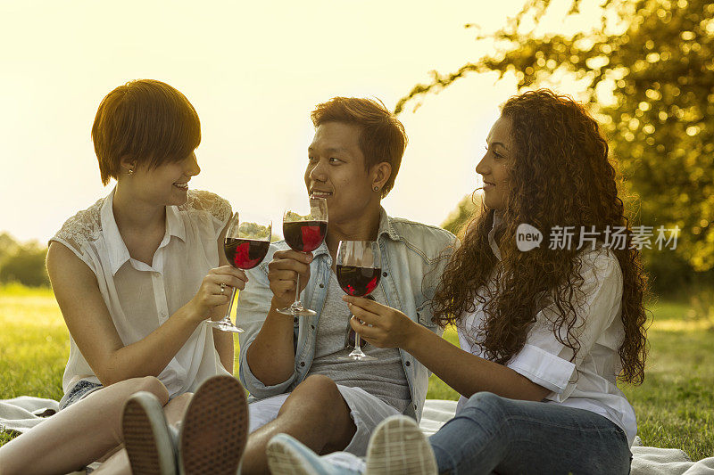 夏天，年轻人在户外喝红酒聚会