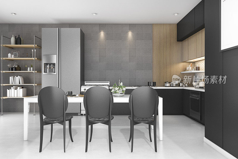 3d渲染黑色装饰厨房与木材设计