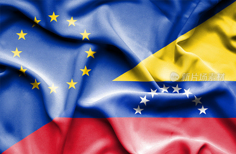 挥舞着委内瑞拉和欧盟的旗帜