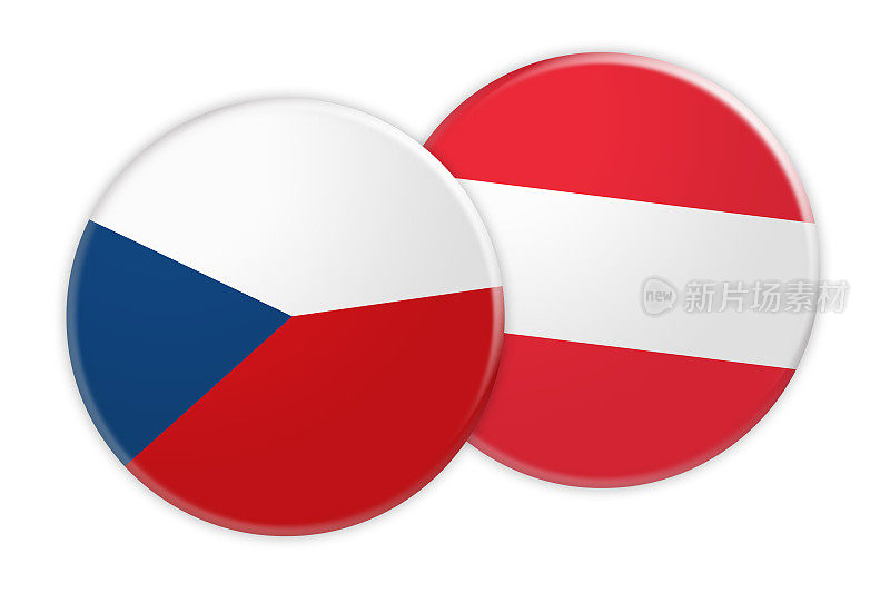 新闻概念:捷克共和国国旗按钮上的奥地利国旗按钮，3d插图上的白色背景