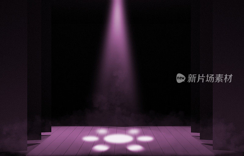 舞台灯，自由舞台，音乐会舞台。天花板上有几台放映机。聚光灯穿过黑暗照到地板上。