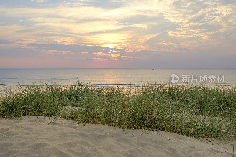北海海滩沙丘上的夏日日落