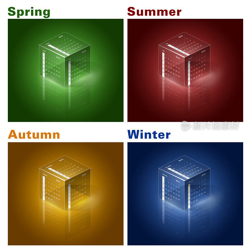 日历立方体-在透明的立方体的侧面按季节划分日历的概念