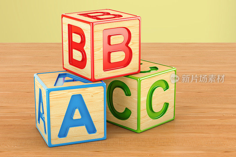 玩具积木，abc立方体在木桌上。三维渲染