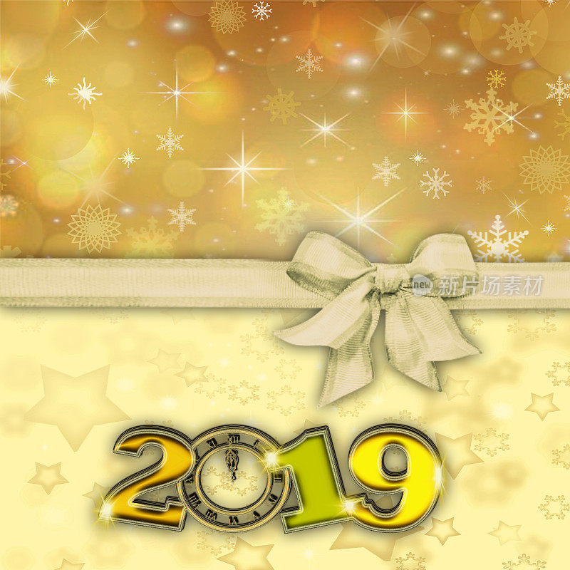 2019年新年快乐，金色背景，缎带和蝴蝶结。