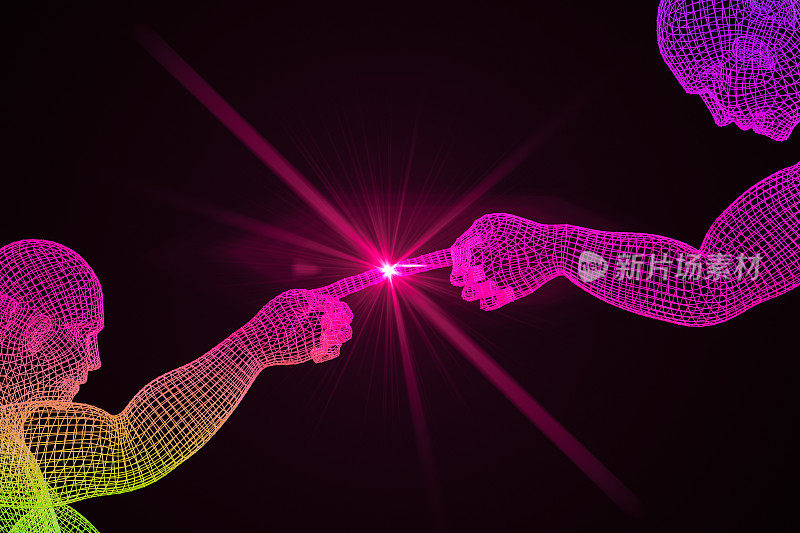 机器人手触光，人工智能概念霓虹灯和镜头光晕