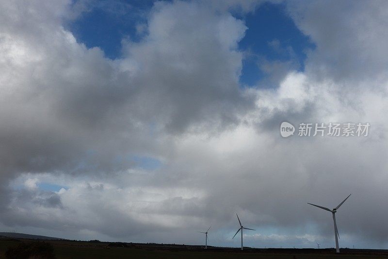 风力涡轮机在田野下戏剧性的天空与云彩