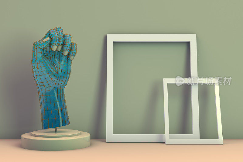 3D手，女性人体模型，时装店与空框架