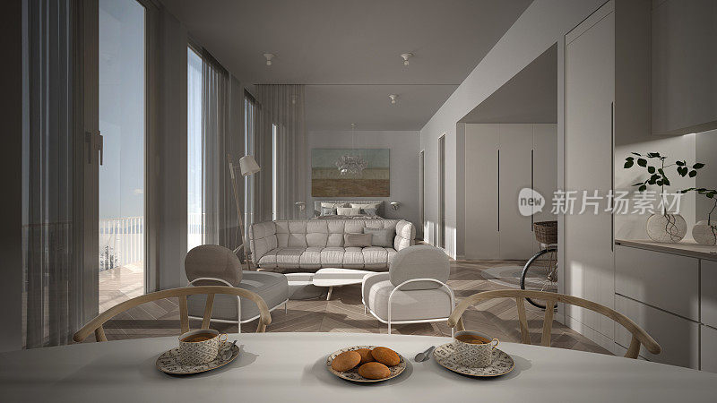一居室公寓，白色室内设计，拼花地板，开放空间:厨房带餐桌，客厅带沙发，扶手椅，卧室带双人床。全景窗帘窗