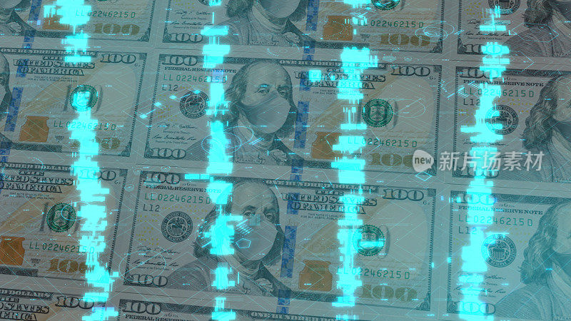 100美元纸币与保护面罩在数字空间与dna微阵列概念。美国冠状病毒大流行。