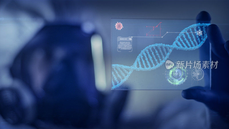 穿着干净西装研究DNA突变的科学家。虚拟触屏。Covid-19并发症