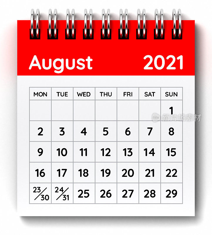 2021年8月1日日历。一周从星期一开始。