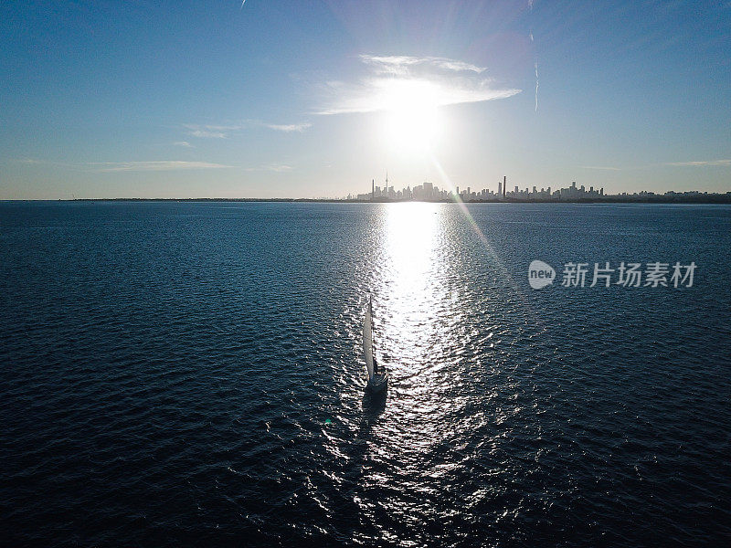 安大略湖上的帆船，背景是多伦多市中心