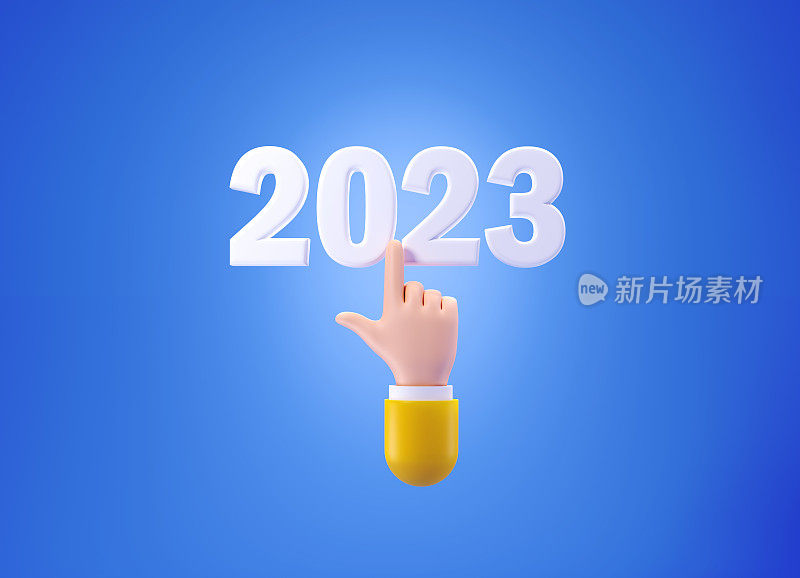 卡通风格的人手点击超过2023蓝色背景