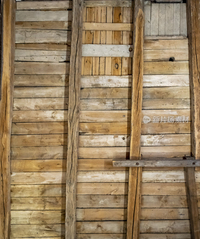 用厚木板和厚木梁砌成的棕色旧墙