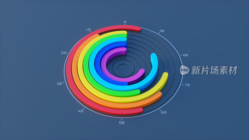 曲线抽象彩色圆形图表孤立在深蓝色背景。广泛的水平组合。