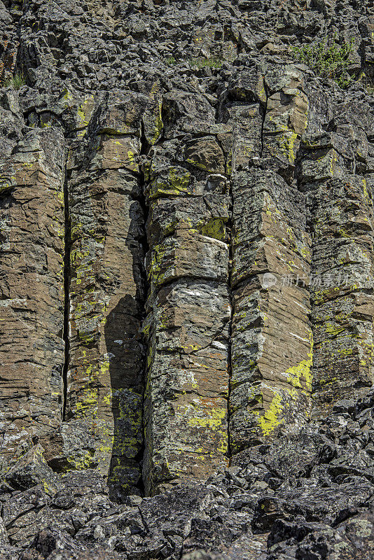 怀俄明州黄石国家公园Sheepeater悬崖上的柱状玄武岩。地衣覆盖的岩石。