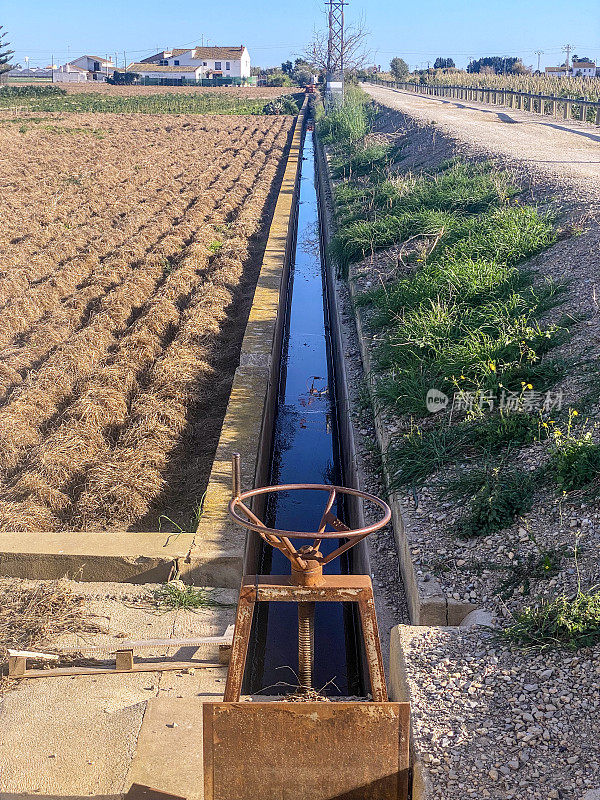 在西班牙瓦伦西亚社区，沿着当地果园的灌溉渠