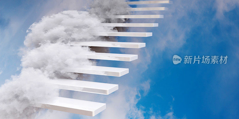 楼梯和云，楼梯在蓝色多云的天空。事业成功和希望的概念