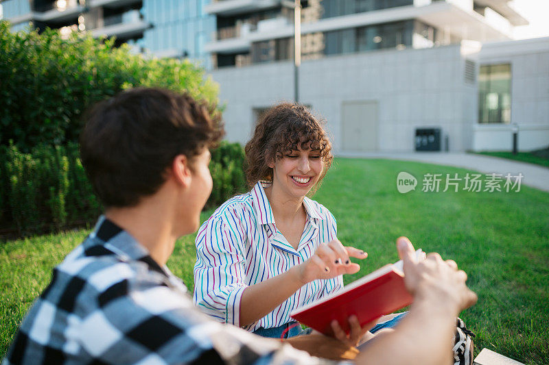 两个快乐的大学生坐在草地上学习