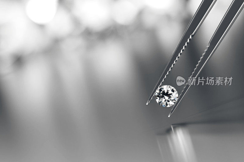 辉煌的水晶钻石和镊子上的黑色背景与对象软聚焦3d渲染