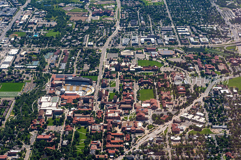 鸟瞰科罗拉多大学，博尔德，从博尔德向东看