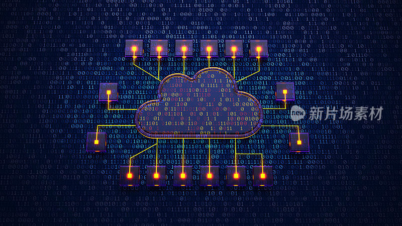 大数字数据云与加密的计算机二进制代码。安全与保护数据云。大数据安全。数据库存储，3d渲染。