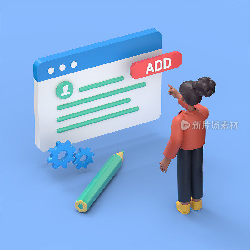 蓝色背景的等距3D插图，非洲裔美国妇女Coco用铅笔站在标有“添加”字样的按钮旁边，一个程序窗口和一个纸质广告