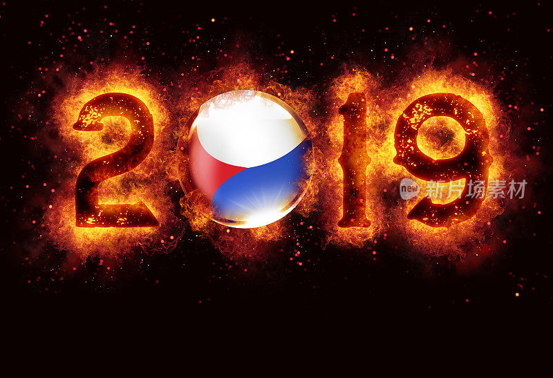 捷克共和国国旗，在黑色背景上燃烧着2019年新年