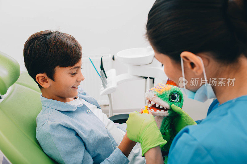 牙医向小男孩示范如何正确刷牙。牙医教我们如何保持牙齿卫生。