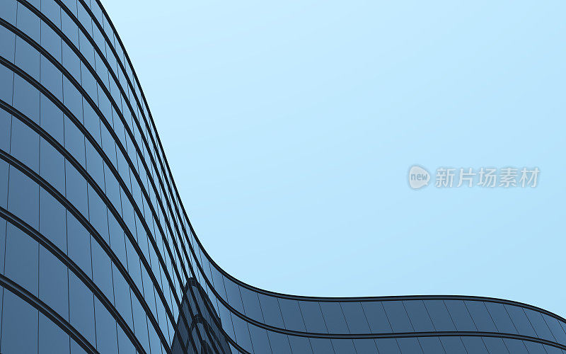 3D模拟高楼曲线的玻璃建筑和暗色钢窗系统在湛蓝明朗的天空背景下，未来建筑的商业理念，仰望建筑的转角。