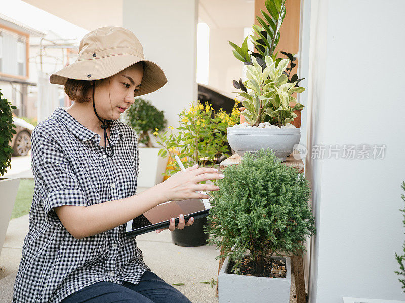 年轻的农妇在温室里使用数字平板电脑工作。