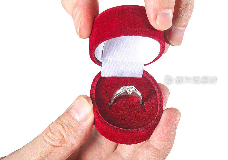 男人的手牵着订婚戒指孤立在白色