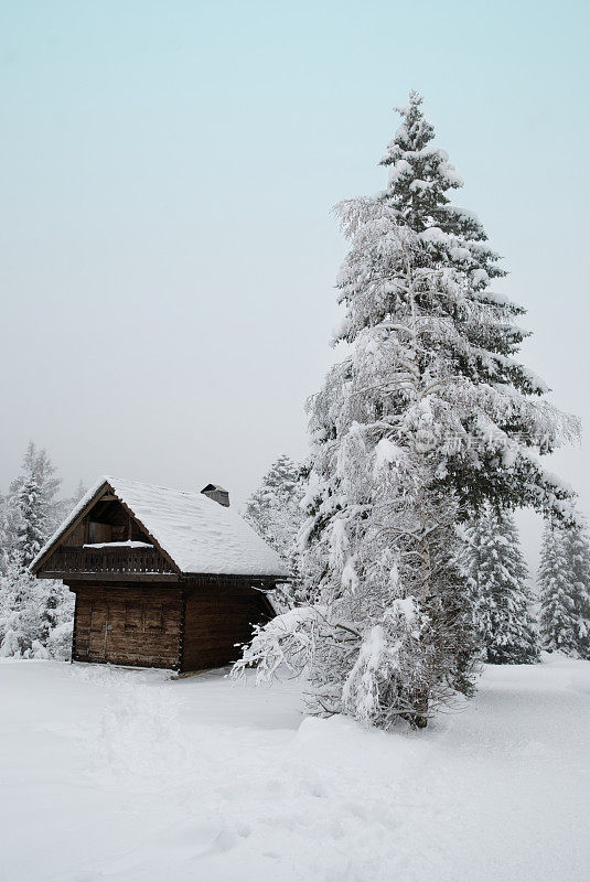 冰雪景观中的冬季小屋