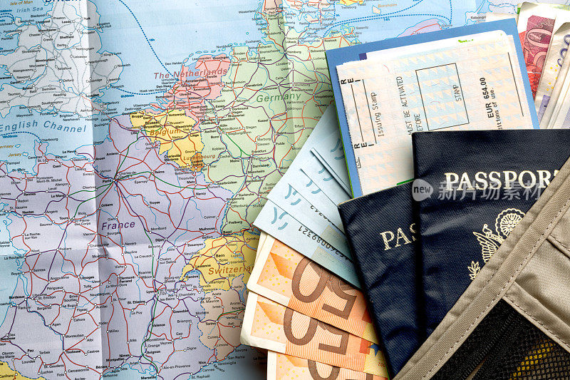 欧洲国家地图，护照和货币