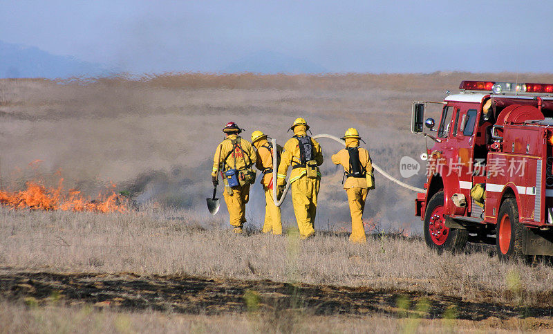 四个消防队员将扑灭一场火灾在一个干燥的土地