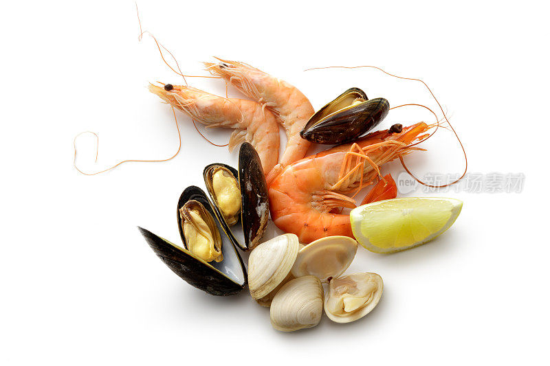 海鲜:虾，对虾，贻贝和蛤蜊孤立在白色的背景