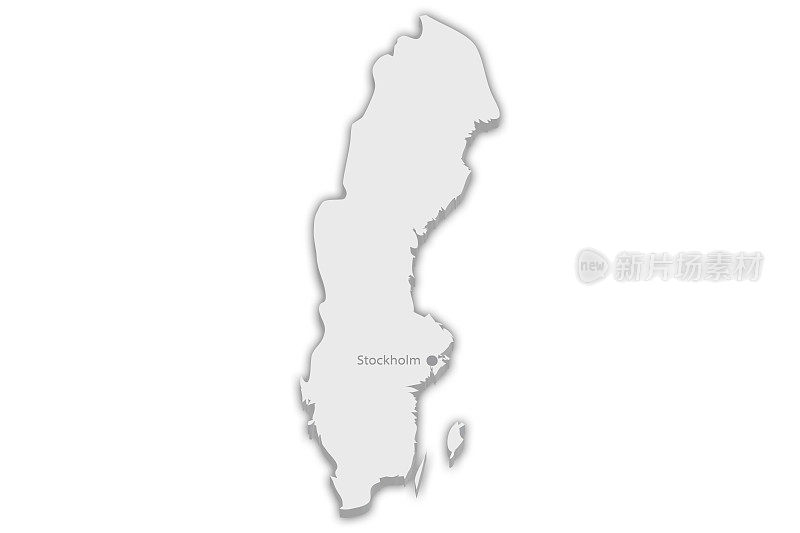 国家地图:瑞典，首都城市标记为斯德哥尔摩