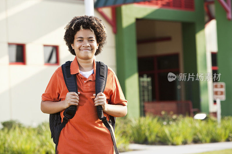 小男孩拿着书包站在学校外面