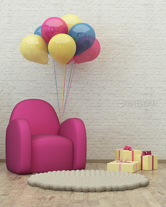 儿童房间室内3d渲染图像，蒲团，气球