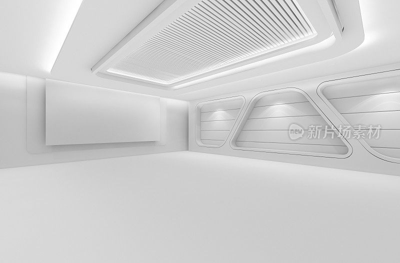 未来的空房间，3d渲染室内设计，白色模拟插图