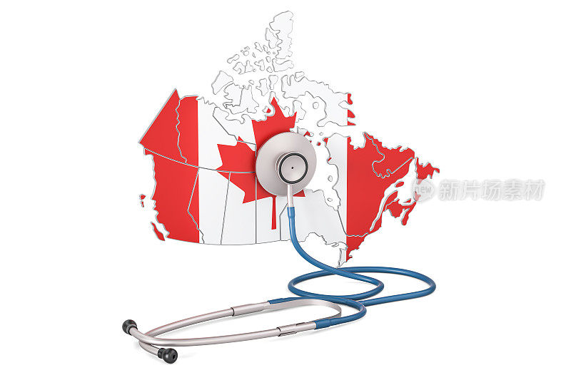 加拿大地图与听诊器，国家卫生保健概念，3D渲染