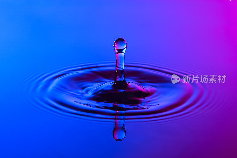 水滴近距离与同心涟漪在五颜六色的蓝色和粉红色的表面
