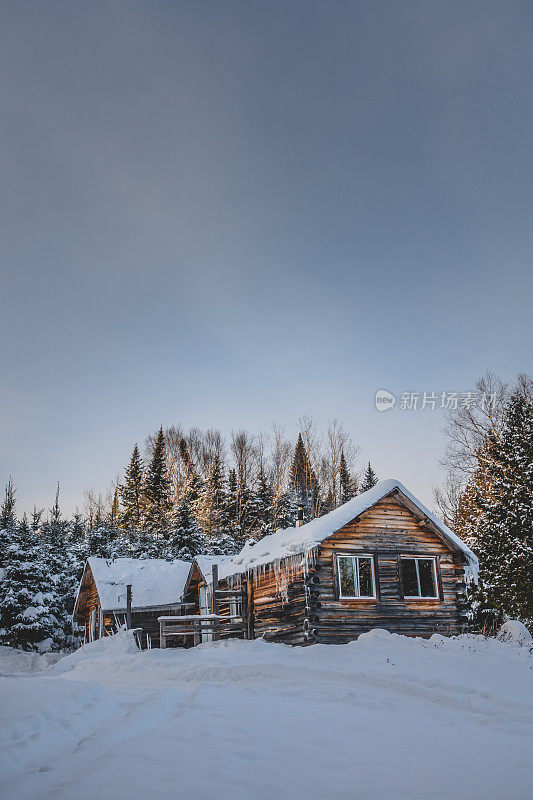 加拿大圆原木木屋在冬天