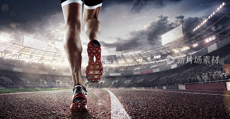 运动背景。跑步者的脚跑在3d渲染球场近景鞋。戏剧性的画面。